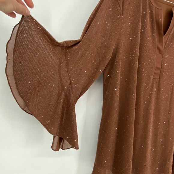 Chocolate Brown Sparkle Top Bell Sleeve Size L Fairy Grunge Date Night Going Out - Picture 8 of 17